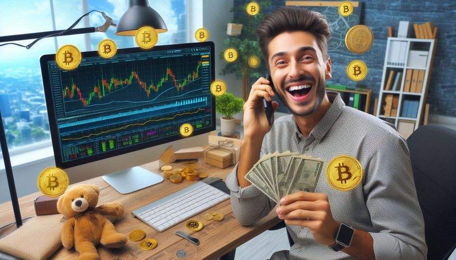 An AI image depicting a Happy Profitable Crypto Trader.