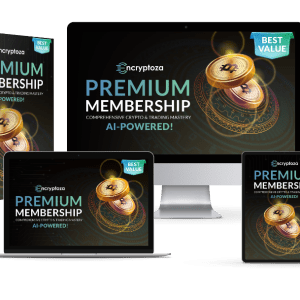 Encryptoza Premium Membership displayed on a box, desktop, laptop, tablet, and phone. The design features coins, a "Best Value" badge, and the tagline "Comprehensive Crypto & Trading Mastery, AI-Powered!