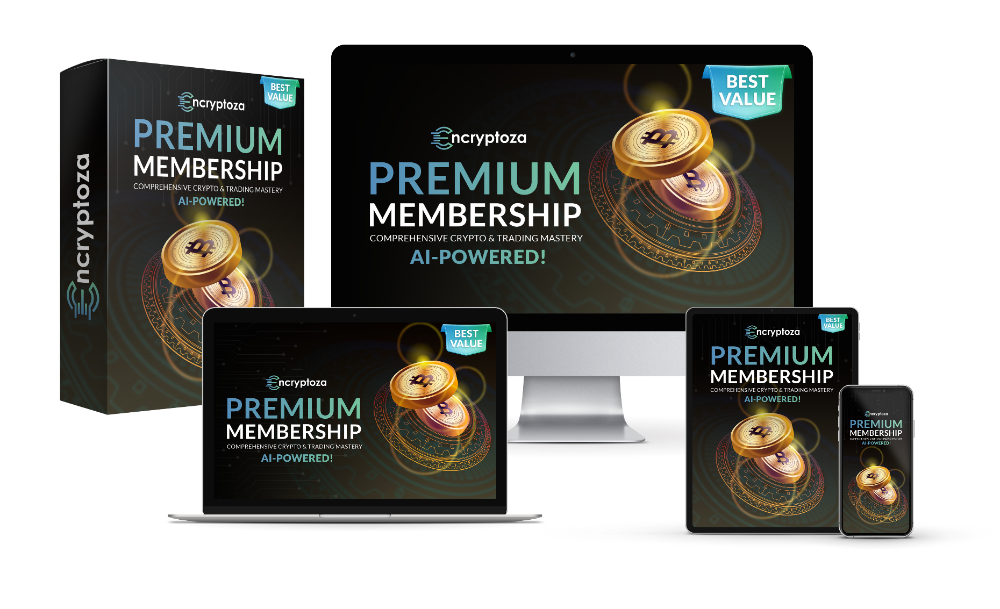 Encryptoza Premium Membership displayed on a box, desktop, laptop, tablet, and phone. The design features coins, a "Best Value" badge, and the tagline "Comprehensive Crypto & Trading Mastery, AI-Powered!