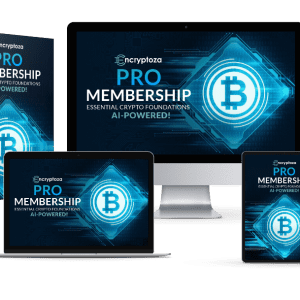 Encryptoza PRO Membership displayed on various devices, including a box, desktop, laptop, tablet, and phone. The logo features a 'B' and the tagline reads 'Essential Crypto Foundations, AI-Powered!