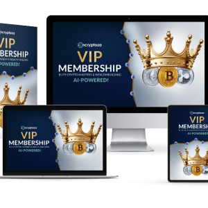 Encryptoza VIP Membership displayed on a box, desktop, laptop, tablet, and phone. The design features a crown, coins, and the tagline "Elite Crypto Mastery & Wealth Building, AI-Powered!
