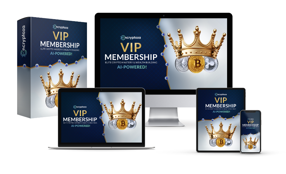 Encryptoza VIP Membership displayed on a box, desktop, laptop, tablet, and phone. The design features a crown, coins, and the tagline "Elite Crypto Mastery & Wealth Building, AI-Powered!